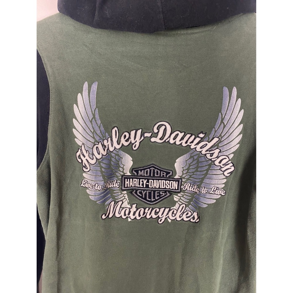 Harley Davidson Womens Green Black Embroidered Winged Logo Zip Up Hoodie Size M - Picture 4 of 7